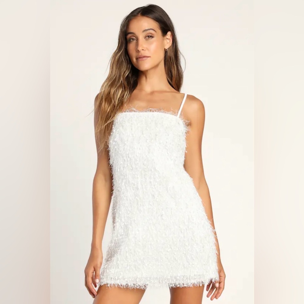 Lulu's White Fuzzy Spaghetti Strap Mini Dress